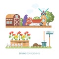 Spring gardening vector flat illustration in pastel colors with cute barn and mill