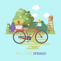 Spring gardening vector flat illustration in pastel colors with cute bicycle