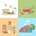 Spring gardening vector flat illustration in pastel colors with cute house, wheelbarrow and bees Royalty Free Stock Photo