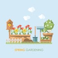 Spring gardening vector flat illustration in pastel colors with cute shovel, rake and birdhouse