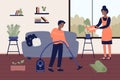 Spring general cleaning home work, cartoon happy couple people clean house, doing housework together Royalty Free Stock Photo