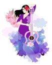 Spring - girl with beautiful pink flowers in long hair, guitar and birds, symbolizing the soul of music