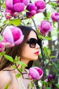 Spring girl portrait. Woman near blossom spring park. Woman on spring blooming tree. Beautiful young woman in springs Royalty Free Stock Photo