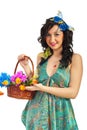 Spring girl showing basket with flowers Royalty Free Stock Photo