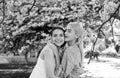 Spring girls in flowers. Outdoor portrait of young beautiful happy smiling female couple posing near flowering tree. Royalty Free Stock Photo