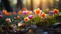 Spring glade in forest with flowering pink and purple hyacinths in sunny day in nature.