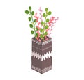Spring glass transparent jug with twig flower, springtime mood wild floret isolated on white, flat vector illustration