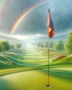 Spring Golfing Well Manicured Golf Course Green Rainbow Morning Sunrise Fairway AI Generated