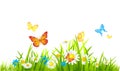 Beautiful spring background with a blue butterfly in flight and anemone flowers in a forest in nature. Delicate elegant dreamy air