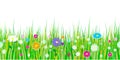 Spring grass and flowers borders. Seamless pattern Easter decoration with spring grass and meadow flowers. Isolated on white backg