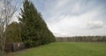 Spring - green field, forest, sky and hedge. Royalty Free Stock Photo