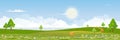 Spring green fields landscape by the lake,blue sky and clouds background,Panorama peaceful rural nature in springtime with green Royalty Free Stock Photo
