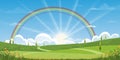 Spring green fields landscape with rainbow, mountain, blue sky and clouds background,Panorama rural nature in springtime with