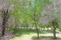 Spring green, purple, pink landscape with exquisite colorful trees, overflowing shades. Elegant, clean design.