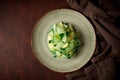 Spring, green salad, cucumber with apple, top view, close-up, no people, microselen radish, healthy eating, spring salad Royalty Free Stock Photo