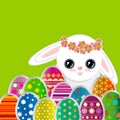 Spring greeting background with Easter eggs and a cute little white bunny. Festive paper images of decorated eggs and rabbit Royalty Free Stock Photo