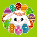 Spring greeting background with Easter eggs and a cute little white bunny. Festive paper images of decorated eggs and rabbit Royalty Free Stock Photo