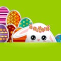 Spring greeting background with Easter eggs and a cute little white bunny. Festive paper images of decorated eggs and rabbit on a Royalty Free Stock Photo