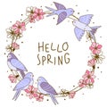 Spring greeting card with cute swallows and flowers