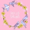 Spring greeting card with cute swallows and flowers