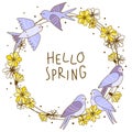 Spring greeting card with cute swallows and flowers