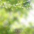 Spring greeting card, invitation. String of lights, leaves and cherry blossoms. Modern blurred background, garden party Royalty Free Stock Photo