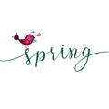 Spring greeting card with violet bird and original handwritten t