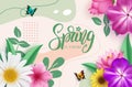 Spring greeting text vector design. Spring is coming greeting card with blooming beautiful flowers