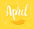 Spring greetings to the month of April design in yellow background with paper origami plane was drawing to a seasonal marketing pr