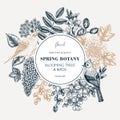 Spring hand drawn wreath template. Floral frame designs with birds, flowers, leaves and blooming tree branches. Vintage almond, Royalty Free Stock Photo