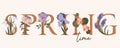 Spring hand written lettering word in pastel colors.Hand drawn typography banner with flowers grape hyacinth, iris, nasturtium,