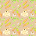 Spring handmade watercolor with a seamless pattern on a beige background of daisies, rabbit, carrots and leaves.