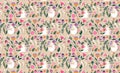 Spring, Happy Easter patterned background, decorated modern style card, banner. Patterned eggs with bunnies, flowers and