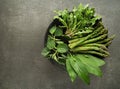 Spring healthy food with asparagus nettle dandelion and wild garlic