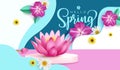 Spring hello greeting vector design. Hello spring text with lotus, periwinkle and daisy