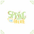 Spring is here- inspiring quote abstract.Colourful lettering for postcards