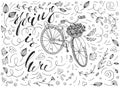 Spring is here vector illustration with a vintage bicycle, basket full of flowers, calligraphy lettering and funky doodles.
