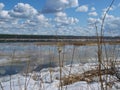 Spring. High water. Ice drift on Siberian river Yenisei. April. Royalty Free Stock Photo