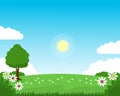 Spring hill landscape vector illustration with grass and flowers