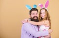 Spring holiday. Easter spirit. Easter activities for whole family. Happy easter. Holiday bunny long ears. Family