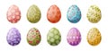 Spring holiday eggs. Easter egg hunt chocolate egg, traditional painted eggs flat cartoon vector illustration set Royalty Free Stock Photo