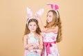 Spring holiday. Happy childhood. Easter day. Easter activities for children. Happy easter. Holiday bunny girls with long Royalty Free Stock Photo