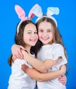 Spring holiday. Happy childhood. Friendship concept. Easter vibes. Happy easter. Holiday bunny girls with long bunny Royalty Free Stock Photo