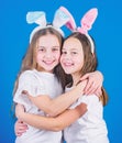 Spring holiday. Happy childhood. Friendship concept. Easter vibes. Happy easter. Holiday bunny girls with long bunny Royalty Free Stock Photo