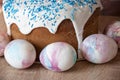 Spring holiday prepare. Marble shell. Happy easter. Dessert. Backery. Easter cake with sprinkles on glaze. Painted eggs. Easter Royalty Free Stock Photo