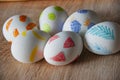 Spring holiday at Sunday. Eastertide and Eastertime. Good Friday. Hunting eggs. Painted eggs. Easter eggs on wooden table. Happy