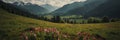spring holidays in flowery mountain range panoramic wide ai generated Royalty Free Stock Photo