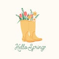 Spring home gardening illustration. Vector colorful tulip and narcissus flowers in yellow rubber boots flat style label Royalty Free Stock Photo