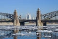 Spring ice drift at Bolsheokhtinsky Bridge. St. Petersburg, Russia Royalty Free Stock Photo