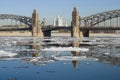 Spring ice drift at Bolsheokhtinsky Bridge. St. Petersburg, Russia Royalty Free Stock Photo